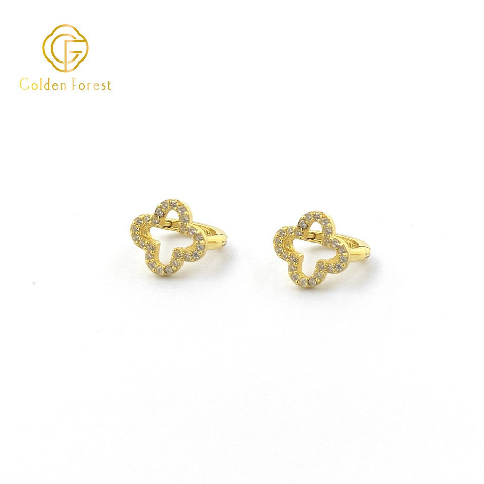 Gold Yellow Clover Huggie Earrings with Cubic Zirconia - Image 4