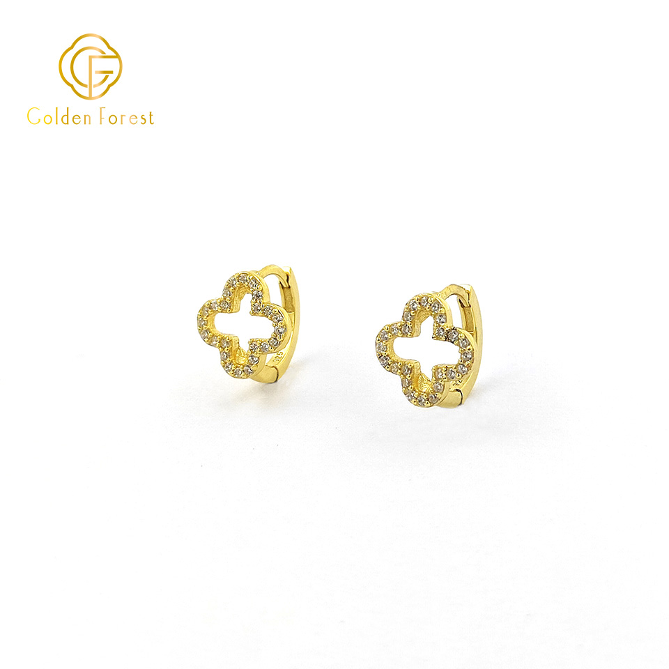 Gold Yellow Clover Huggie Earrings with Cubic Zirconia - Image 3
