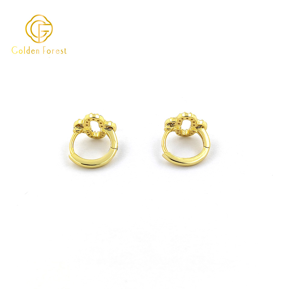Gold Yellow Clover Huggie Earrings with Cubic Zirconia - Image 2