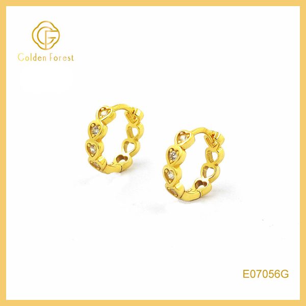 Circular Cubic Zirconia Heart Huggie Hoops with Gold Plated