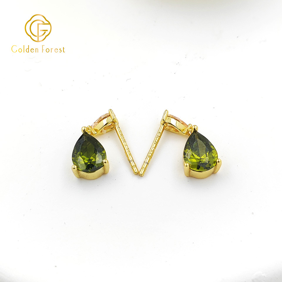 Gold Plated Green CZ Teardrop Dangle Earrings - Image 2