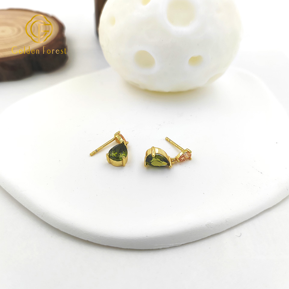Gold Plated Green CZ Teardrop Dangle Earrings - Image 3