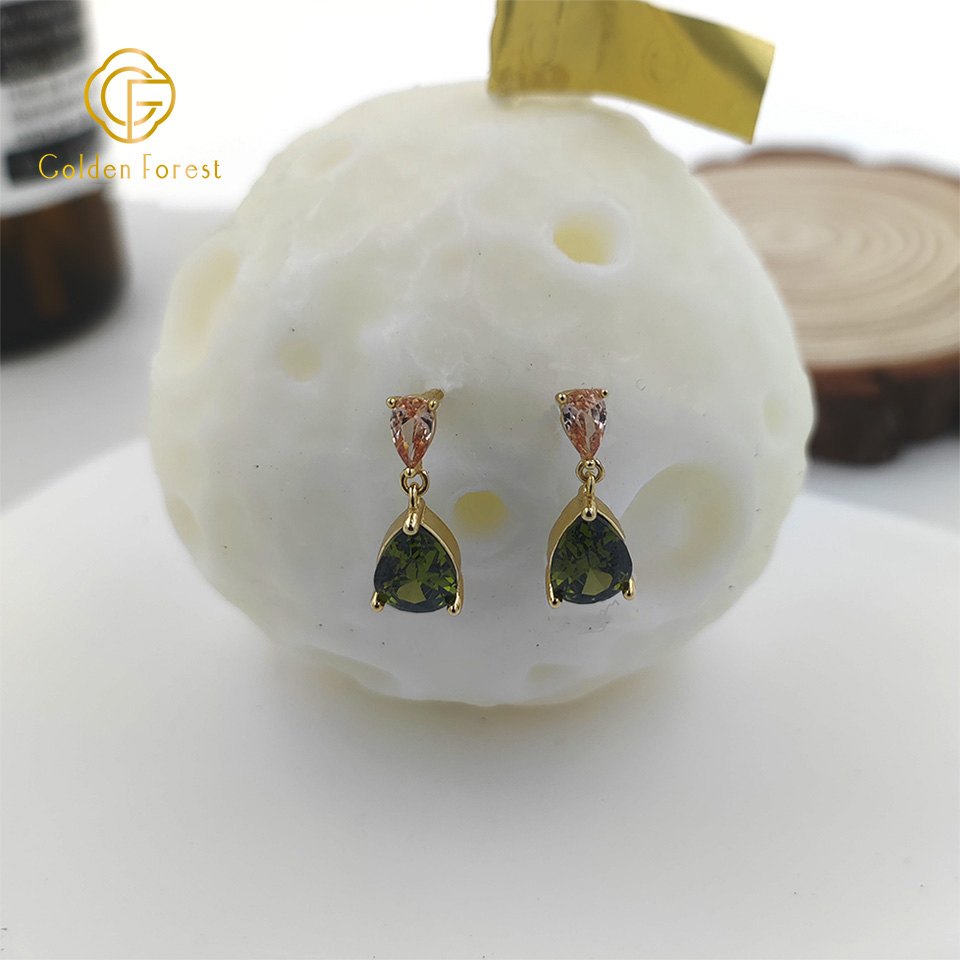 Gold Plated Green CZ Teardrop Dangle Earrings - Image 4