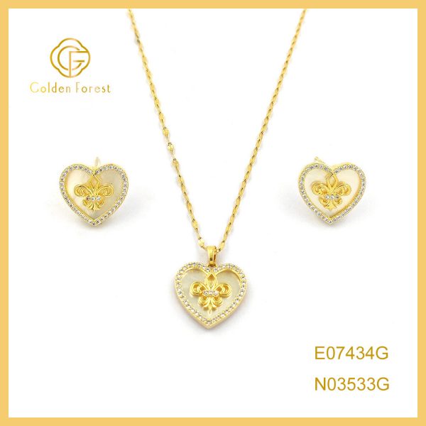 Gold Plated Heart Earring Necklace Wedding Jewelry Sets with Mother of Pearl