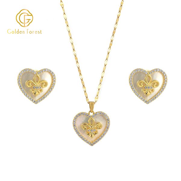 Gold Plated Heart Earring Necklace Wedding Jewelry Sets with Mother of Pearl - Image 4