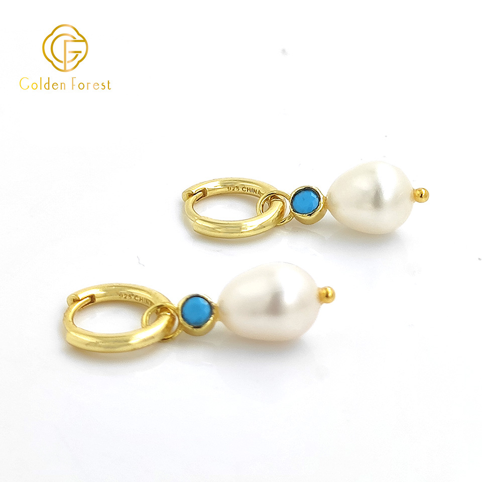 Statement Gold Huggie Hoop Earrings with Pearl & Blue Turquoise - Image 4