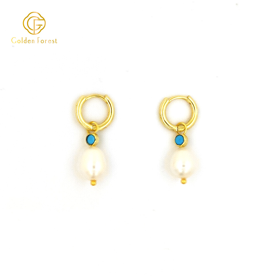 Statement Gold Huggie Hoop Earrings with Pearl & Blue Turquoise - Image 3