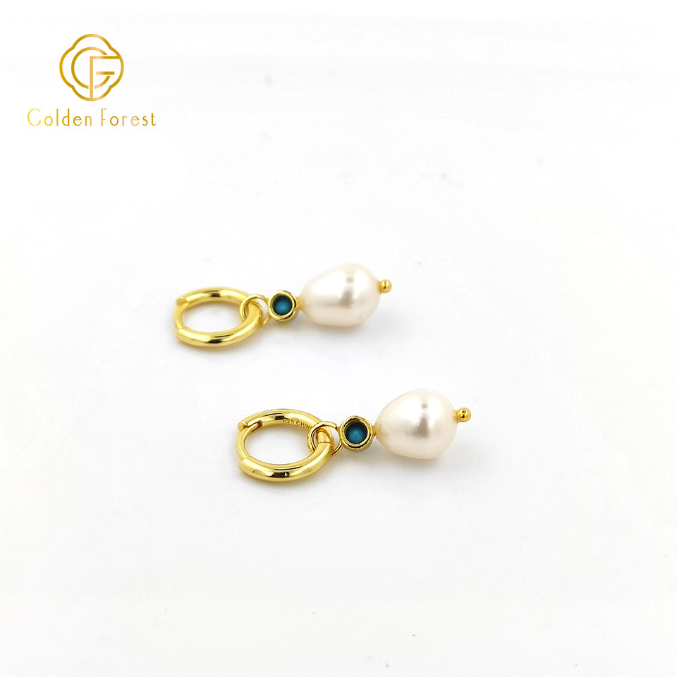 Statement Gold Huggie Hoop Earrings with Pearl & Blue Turquoise - Image 2