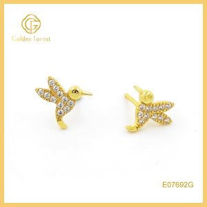 Dainty Gold Plated CZ Hummingbird Stud Earrings Cute Animal Jewelry for Women
