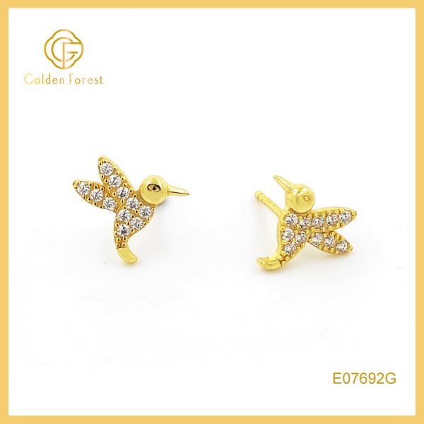 Dainty Gold Plated CZ Hummingbird Stud Earrings Cute Animal Jewelry for Women