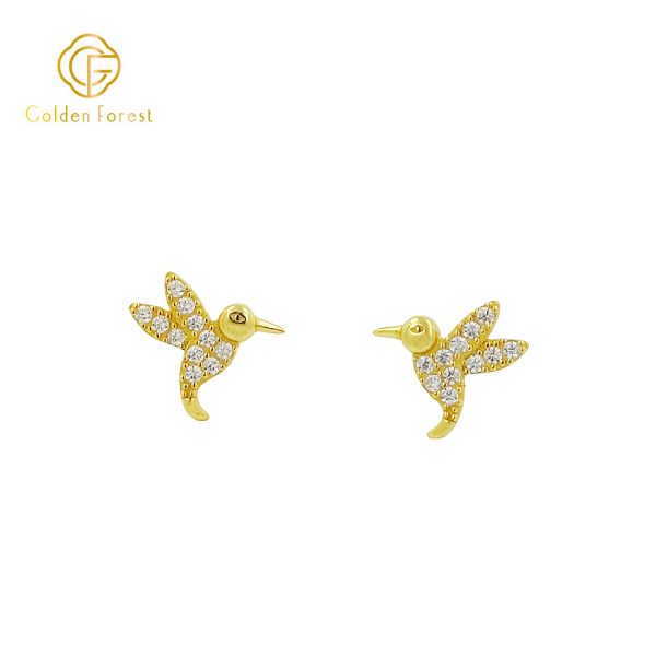 Dainty Gold Plated CZ Hummingbird Stud Earrings Cute Animal Jewelry for Women - Image 2