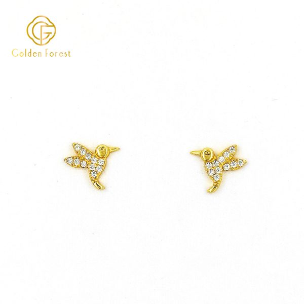 Dainty Gold Plated CZ Hummingbird Stud Earrings Cute Animal Jewelry for Women - Image 3