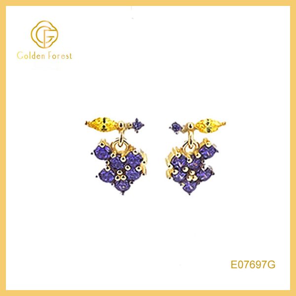 14K Gold Purple CZ Grape Fruits Earrings For Summer Jewelry