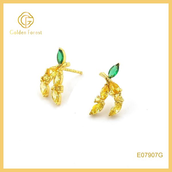 Dainty Gold Plated Banana Stud Earrings with Yellow Green CZ Stones