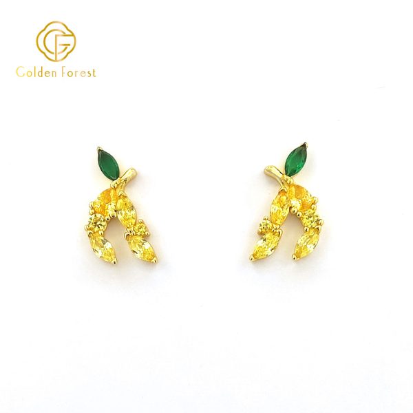 Dainty Gold Plated Banana Stud Earrings with Yellow Green CZ Stones - Image 4