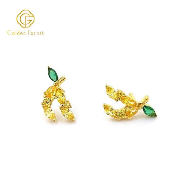 Dainty Gold Plated Banana Stud Earrings with Yellow Green CZ Stones - Image 3