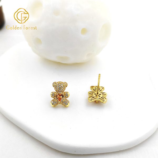 Cute Teddy Bearl Animal Stud Earrings with CZ Heart - Image 4