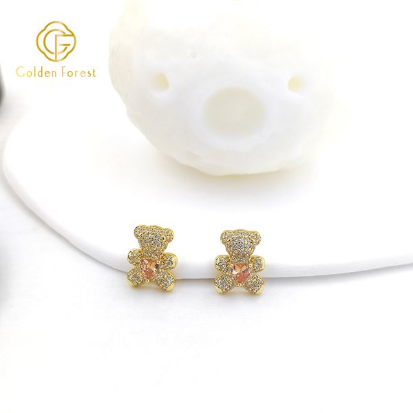 Cute Teddy Bearl Animal Stud Earrings with CZ Heart - Image 2