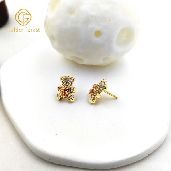 Cute Teddy Bearl Animal Stud Earrings with CZ Heart - Image 3