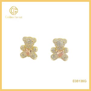 Cute Teddy Bearl Animal Stud Earrings with CZ Heart