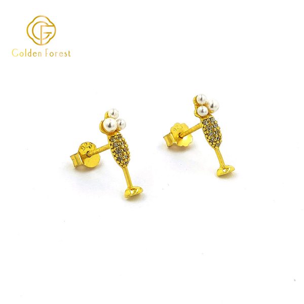 Mini Champagne Flute Stud Earrings Gold Plated with Triple Pearls - Image 3
