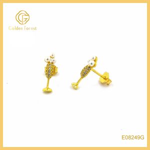 Mini Champagne Flute Stud Earrings Gold Plated with Triple Pearls