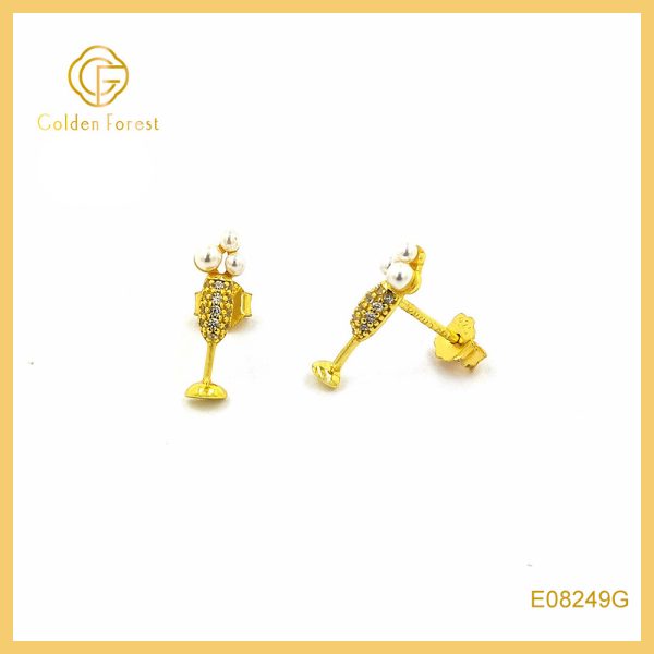 Mini Champagne Flute Stud Earrings Gold Plated with Triple Pearls