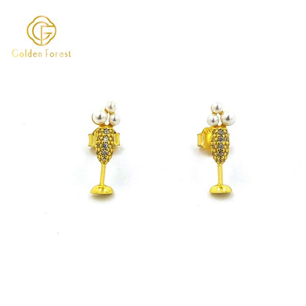 Mini Champagne Flute Stud Earrings Gold Plated with Triple Pearls - Image 2