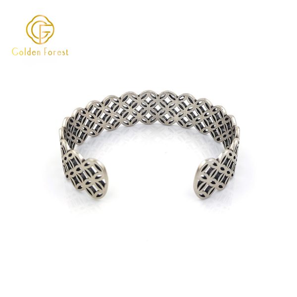 Silver Open Cuff Geometric - Patterned Retro Bracelet for Women - Image 4