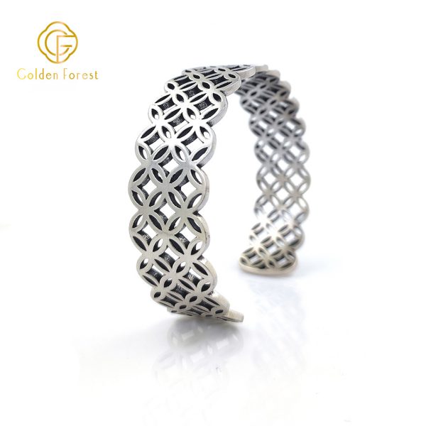 Silver Open Cuff Geometric - Patterned Retro Bracelet for Women - Image 3