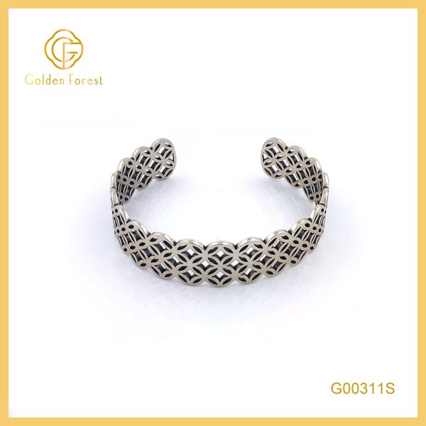 Silver Open Cuff Geometric - Patterned Retro Bracelet for Women