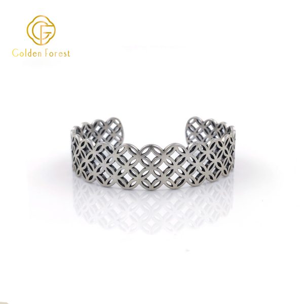 Silver Open Cuff Geometric - Patterned Retro Bracelet for Women - Image 2