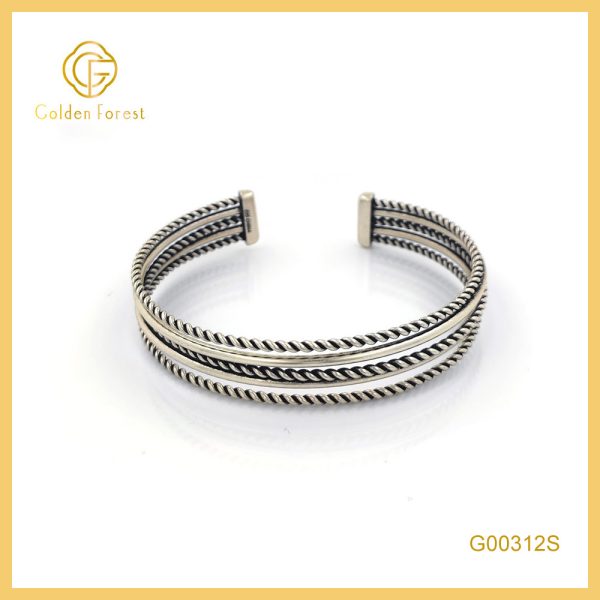 Silver Open - Cuff Twisted - Rope Pattern Retro - Stylish Bracelet for Women