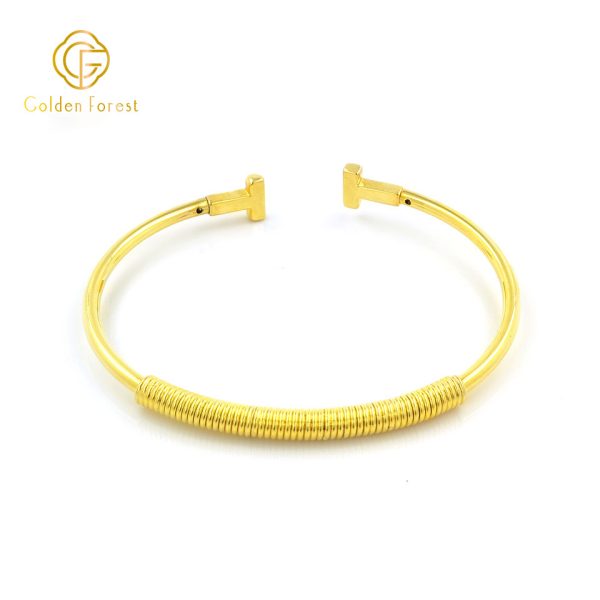 Gold Plated Open Ended Coil Wrapped Minimalist Bangle for Women - Image 2