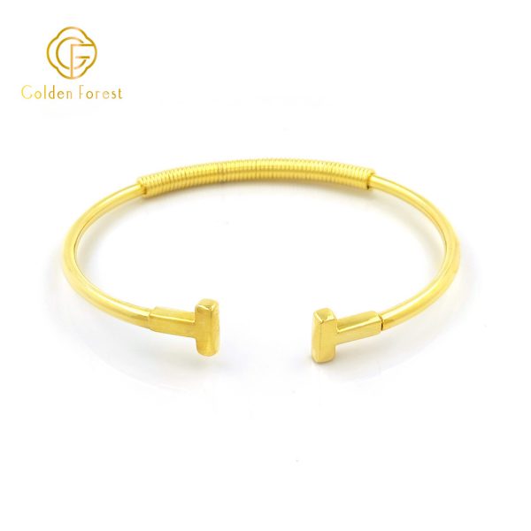 Gold Plated Open Ended Coil Wrapped Minimalist Bangle for Women - Image 4