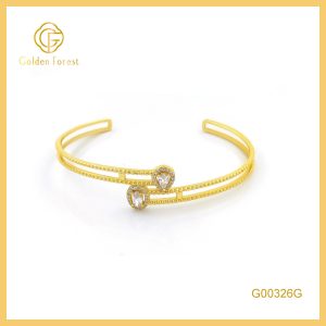 925 Silver Golden Plated Double Diamond Inlaid Exquisite Open Bangle for Women