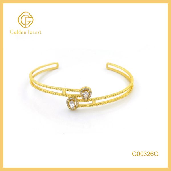 925 Silver Golden Plated Double Diamond Inlaid Exquisite Open Bangle for Women