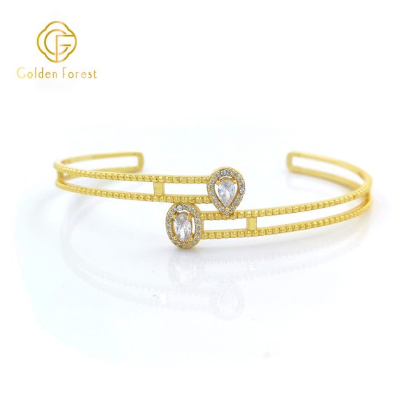 925 Silver Golden Plated Double Diamond Inlaid Exquisite Open Bangle for Women - Image 2