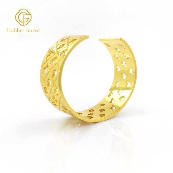 Golden Plated Hollow Grid - Patterned Vintage Wide Bangle for Women - Image 4