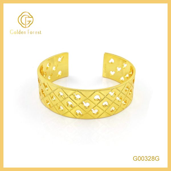Golden Plated Hollow Grid - Patterned Vintage Wide Bangle for Women