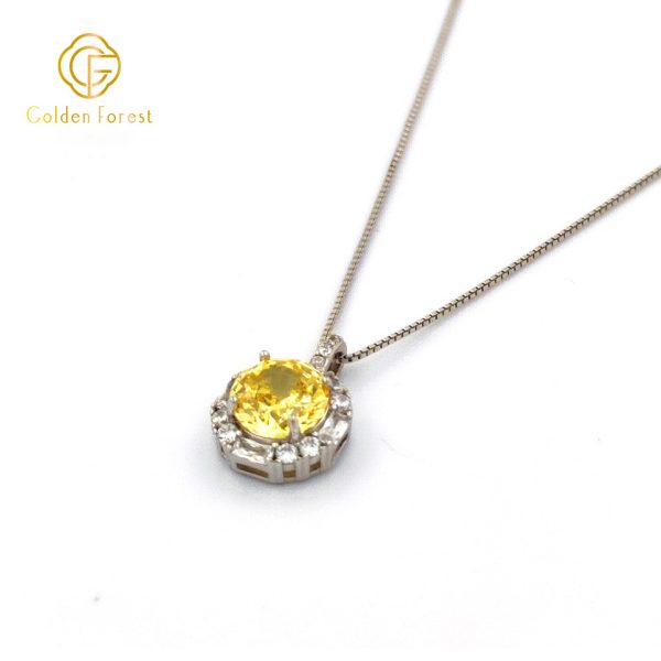 Sterling Silver Yellow Round Halo Pendant Necklace Everyday Design - Image 3