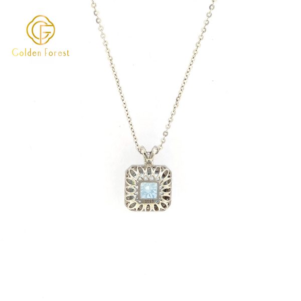 Sterling Silver Square Aquamarine Halo Necklace Ocean Inspired - Image 4