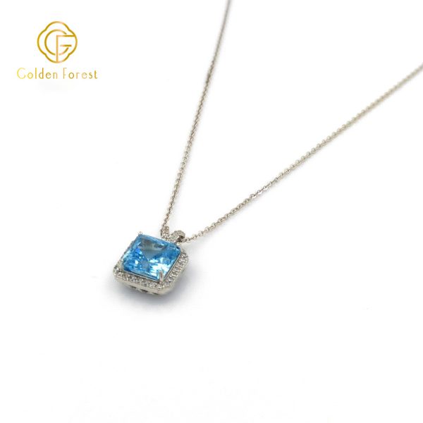 Sterling Silver Square Aquamarine Halo Necklace Ocean Inspired - Image 3