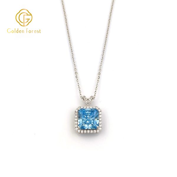 Sterling Silver Square Aquamarine Halo Necklace Ocean Inspired - Image 2