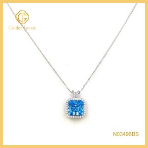 Sterling Silver Square Aquamarine Halo Necklace Ocean Inspired