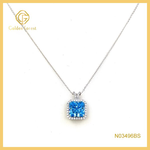 Sterling Silver Square Aquamarine Halo Necklace Ocean Inspired