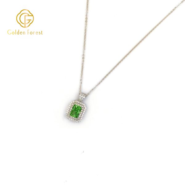 Rectangular Green Halo Cubic Zirconia Necklace August Birthstone - Image 3