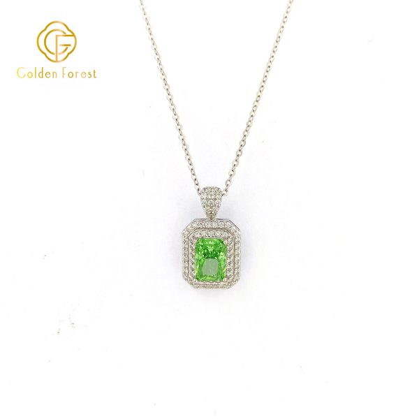 Rectangular Green Halo Cubic Zirconia Necklace August Birthstone - Image 2