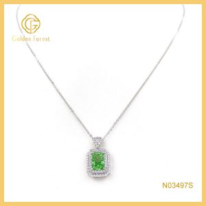 Rectangular Green Halo Cubic Zirconia Necklace August Birthstone