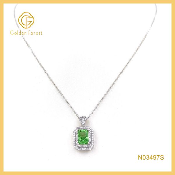 Rectangular Green Halo Cubic Zirconia Necklace August Birthstone